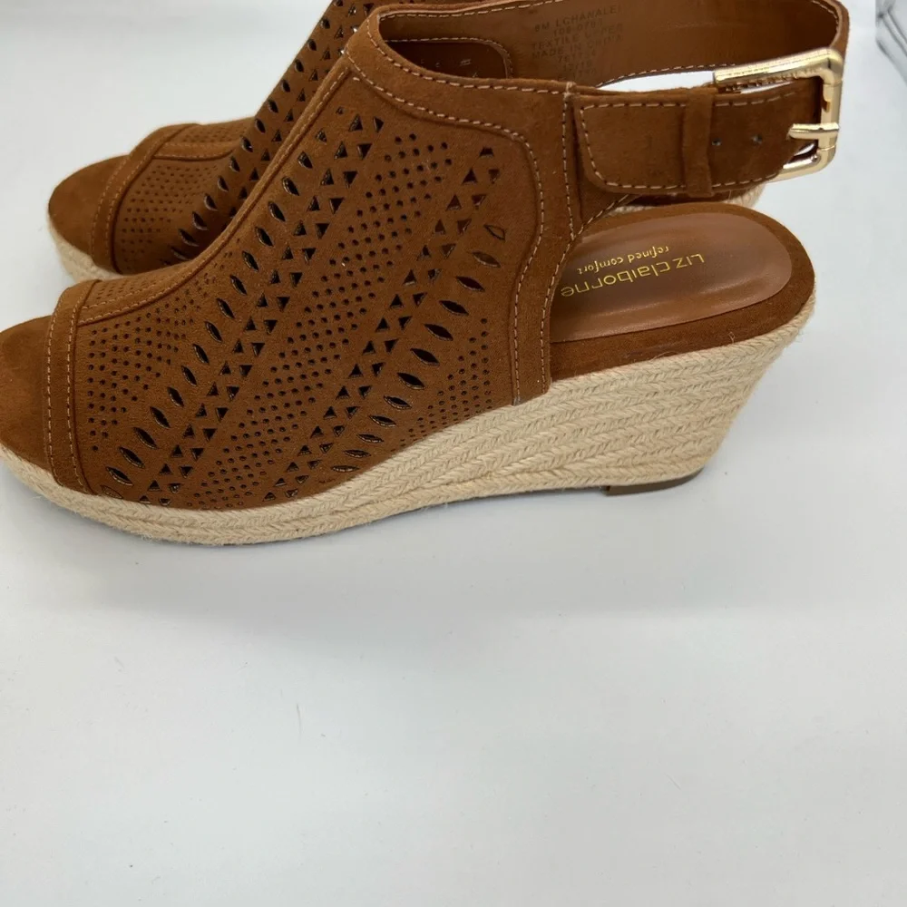 Liz Claiborne Tan Suede Perforated Espadrille Wedge Sandals